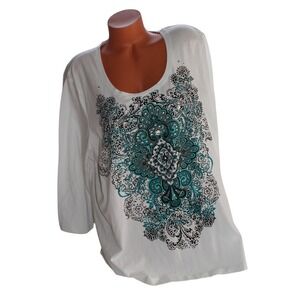 Onque Woman 3X White 3/4 Sleeve Graphic Print Rhinestone Embellished Top